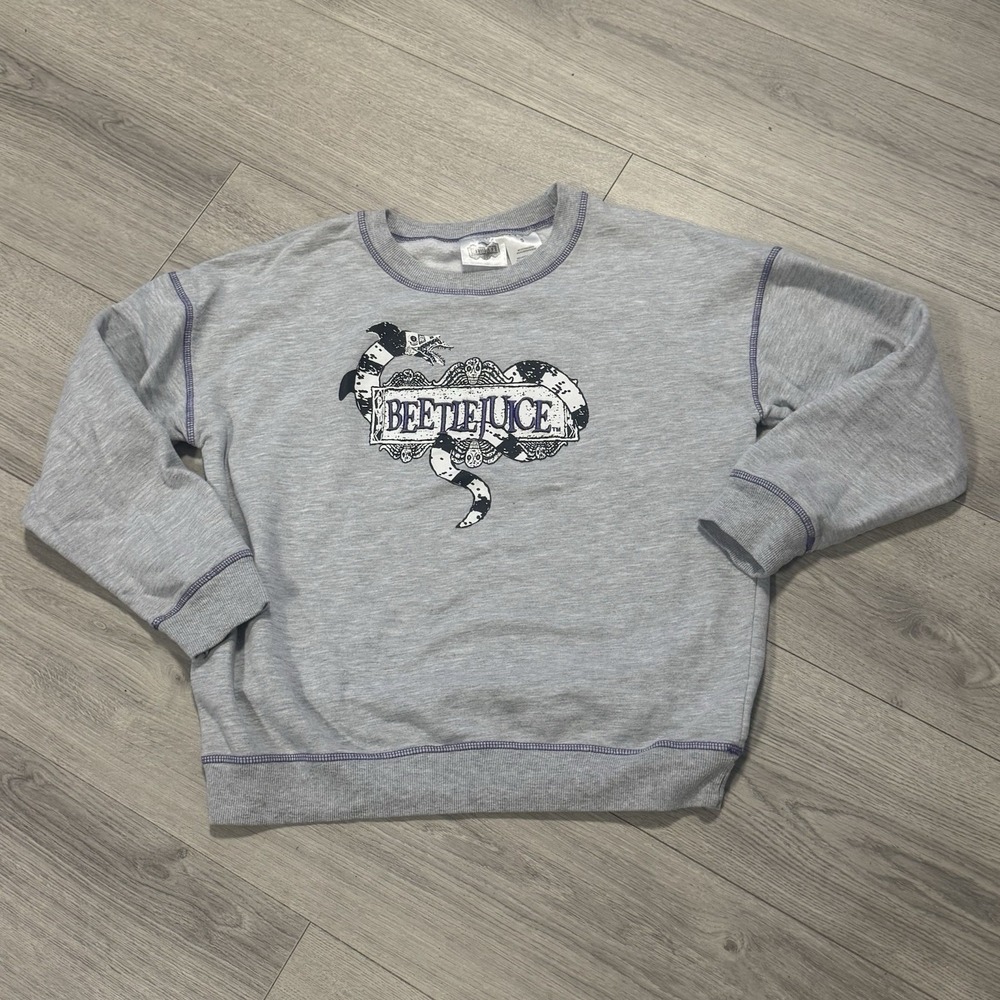 BEETLEJUICE Women's Front And Back Graphics Heather Grey Crewneck Sweater Small